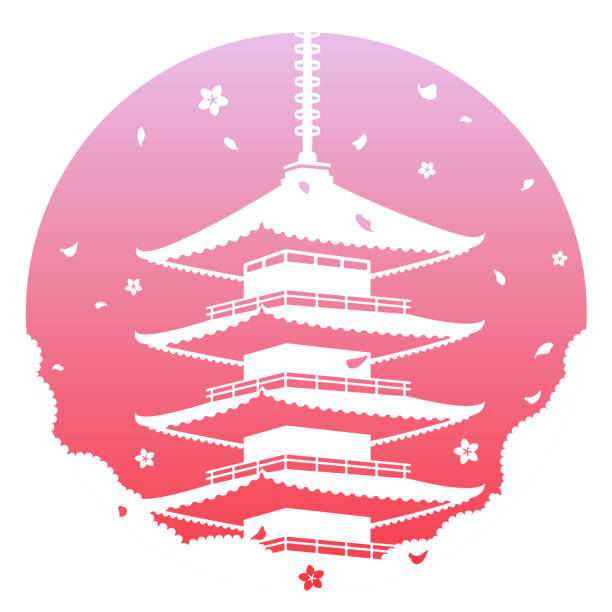 japanische pagode, eine silhouette. sakura blütezeit. vektor-illustration. die aufgehende sonne als symbol japans. rosa farben. - sun temple stock-grafiken, -clipart, -cartoons und -symbole