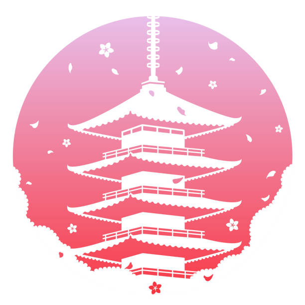 istock Japanese pagoda, a silhouette. Sakura blossom time. Vector illustration. The rising sun as a symbol of Japan. Pink colours. 1203602246