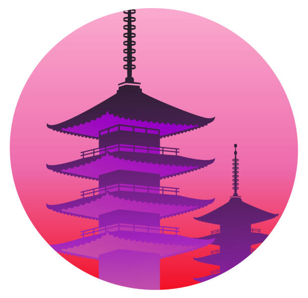 istock Japanese pagodas framed in a circle shape. Vector illustration. The rising sun as a symbol of Japan. Pink and violet colours. 1203602250