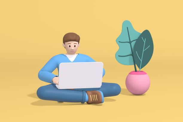 istock 3d rendering young man guy, student, schoolboy or businessman sitting on the floor working at a laptop computer. Abstract minimal trendy cartoon disproportionate body man concept. 1203602252