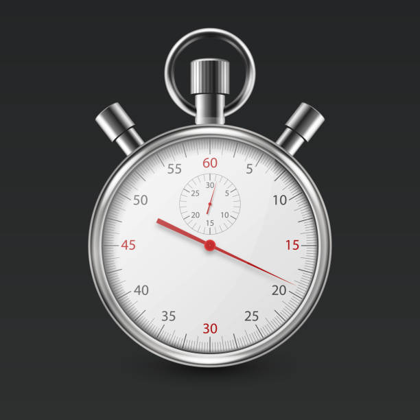 istock Realistic Silver Steel Classic Stopwatch Icon Closeup Isolated on Black Background. Stop-watch Design Template. Sport Timer on Competitions. Start, Finish, Time Management. Stock Vector Illustration 1203602990