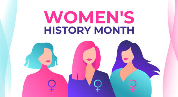 Women's History Month is celebrated in March. Three beautiful feminist women with female symbols. Women's History Month is celebrated in the US, UK, Australia and Canada. Women are granted rights. Women's History Month is celebrated in March. Three beautiful feminist women with female symbols. Women are granted rights. Women's History Month is celebrated in the US, UK, Australia and Canada. women history month stock illustrations