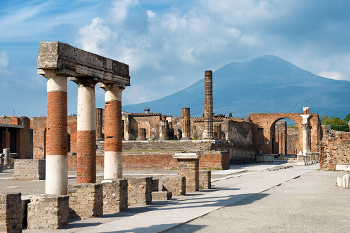 The antique ruins of Pompei, city destroyed by the vesuvius voolcano eruption in Italy inscribed on the world list heritage of UNESCO