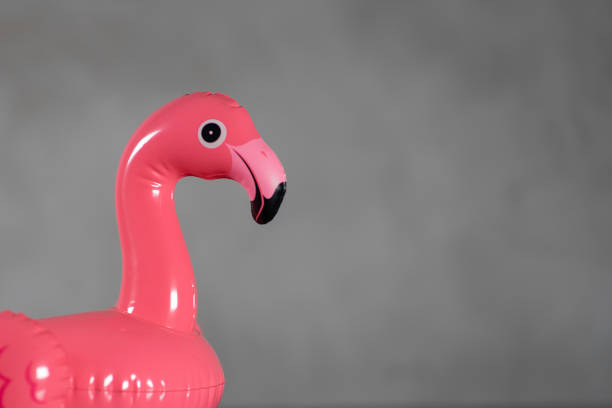 istock Pink inflatable Flamingo on a gray background, pool float party, trendy summer concept 1203606794