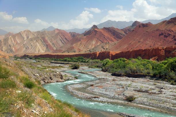 Landscape around Pamir highway M41 international road in Kyrgyzstan, river and red colored tianshan mountains
