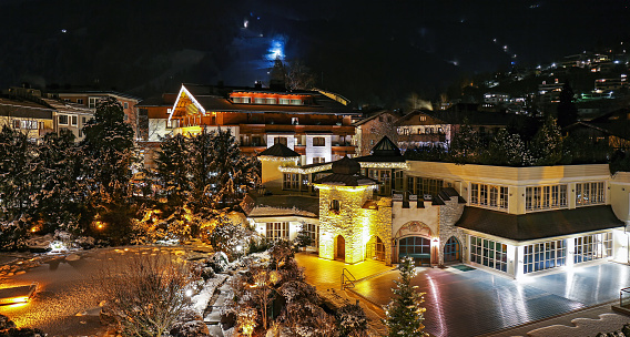 Zell am See / Austria - January 20 2020: Night view of exterior of Salzburgerhof hotel in winter