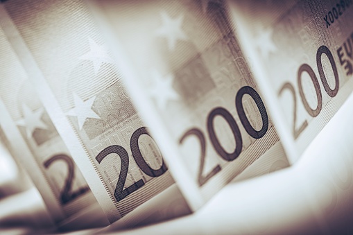 Euro Cash Elegant Concept Macro Photo. Two Hundred Bills Closeup. European Currency Theme.
