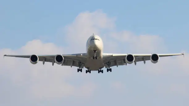 Airbus A380 seconds before landing in Heathrow airport from Abu Dhabi