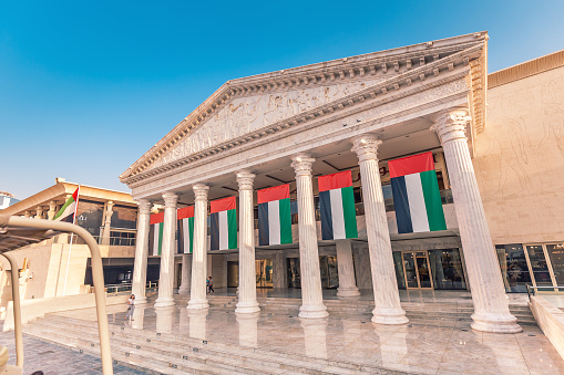 29 November 2019, Dubai, United Arab Emirates: Greek themed temple building in WAFI mall with Paul french restaurant inside