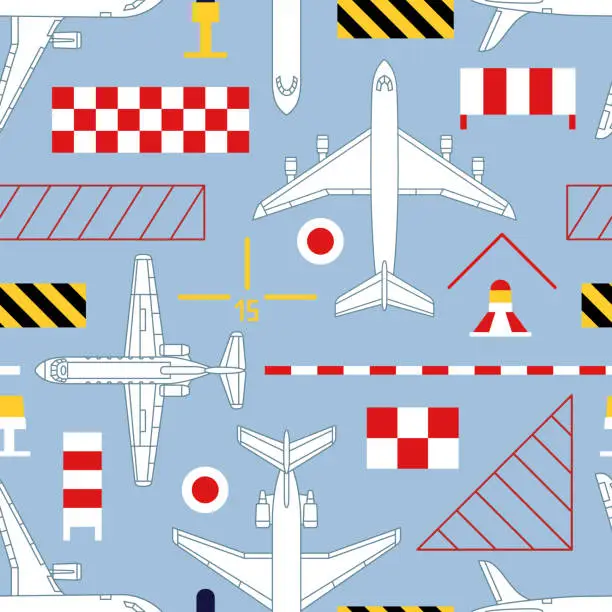 Vector illustration of seamless pattern with airplanes and aerodrome signs