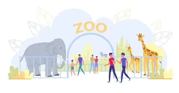 Vector illustration of People Visiting Zoo with Exotic African Animals.