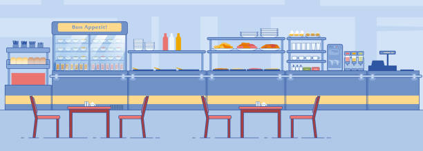 Canteen Interior Empty Dining Room with Counter Canteen Interior. Empty Dining Room, Counter with Food Beverage, Tables, Chairs Vector Illustration. Lunchroom Dining Hall in School College Hospital. Cafeteria Cafe Buffet Business buffet illustrations stock illustrations