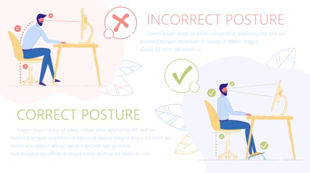 ilustrações de stock, clip art, desenhos animados e ícones de incorrect, correct posture, sit in front computer. - human spine posture back backache