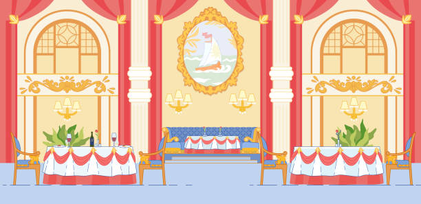 Luxury Premium Restaurant Banquet Decorated Hall. Luxury Premium Restaurant Banquet Hall with Festive Decorated Tables and Chairs Ready for Party or Solemn Event Celebration. Catering for Wedding Ceremony Feast. Flat Cartoon Vector Illustration. banquet chairs stock illustrations