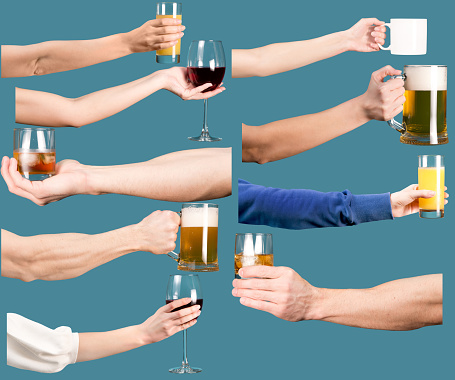 Set of female and male hands with alcoholic and non-alcoholic drinks.