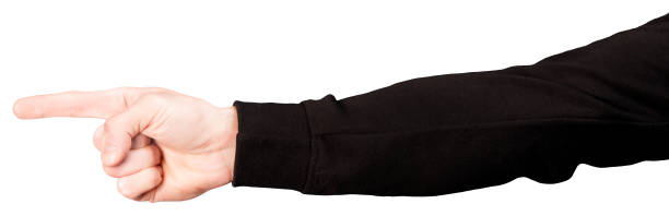 Man's hand in a black sleeve with forefinger pointing forward