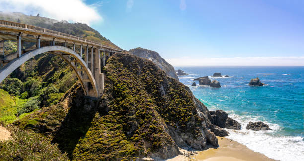 Pacific Coast Highway (Highway 1) at southern end of Big Sur Pacific Coast Highway (Highway 1) at southern end of Big Sur, California near Bixby Bridge (Rocky Creek Bridge) Bixby Creek stock pictures, royalty-free photos & images