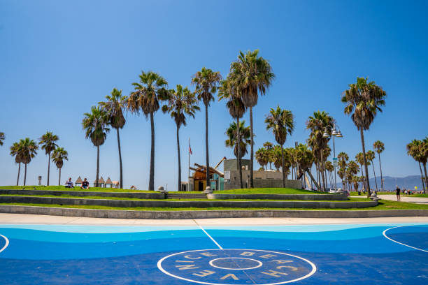 bela instalação esportiva na praia de veneza com campos de basquete e academia mundialmente famosa de praia muscular. - venice califórnia - fotografias e filmes do acervo