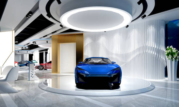 3d render of car shop, sales showroom