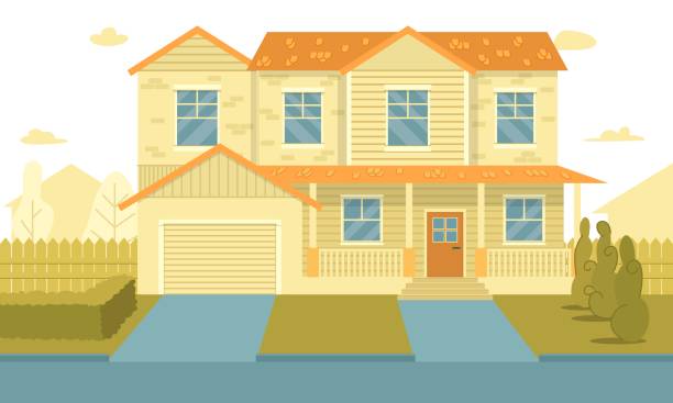 ilustrações, clipart, desenhos animados e ícones de casa de dois andares com garagem no distrito suburbano - driveway