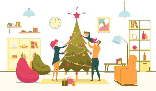 ilustrações de stock, clip art, desenhos animados e ícones de happy family with son decorate christmas tree - tree decoration flower carpet