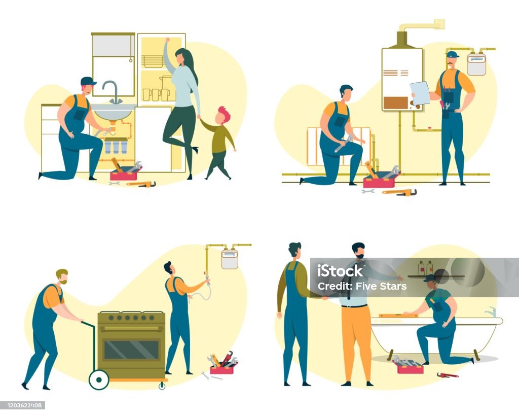 Set of Electricians and Plumbers Doing Orders Set of Electricians and Plumbers Doing Orders for Repair and Installation Domestic Technique and Plumbing. Worker Install Water Filter and Oven, Heater and Tub in Bath Cartoon Flat Vector Illustration Gas stock vector