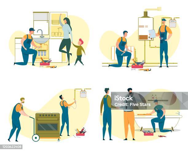 Set Of Electricians And Plumbers Doing Orders Stock Illustration - Download Image Now - Gas, Kitchen, Repairing