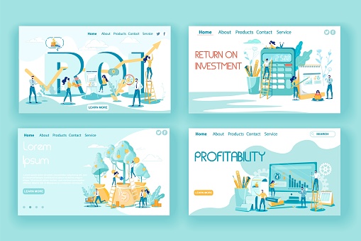 Investment Efficiency in Business and Profitability Landing Page Set. ROI, Investing Plans and Strategy, Financial Benefits and Income Calculation. Profit Opportunity. Vector Illustration