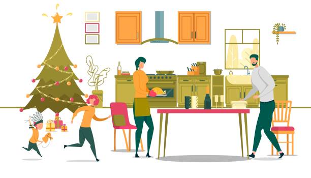 Festive Christmas Dinner in Family with Children Festive Christmas Dinner in Family with Children. Parents Server Table in Kitchen. Mother Holds Baked Bird, Father Puts Cutlery. Boy and Girl Play Indians. Christmas Tree Dressed, Gifts Prepared banquet chairs stock illustrations