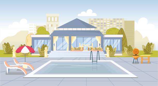 illustrazioni stock, clip art, cartoni animati e icone di tendenza di cottage di lusso cortile con piscina - luxury home illustrations