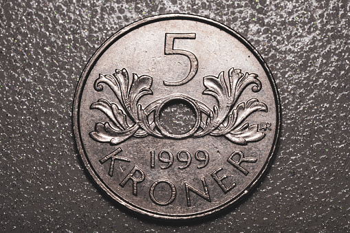 Norwegian metal coin with denomination of five Norwegian kroner, 5 nok