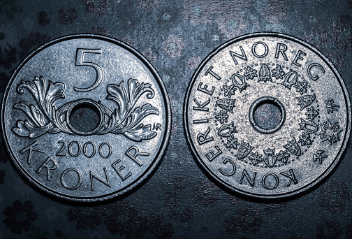 Norwegian metal coin with denomination of five Norwegian kroner, 5 nok