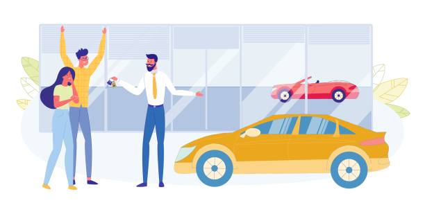 Buying Family Car in Saloon Flat Vector Concept Choosing and Buying New Family Car in Salon Flat Vector Concept. Excited Young Couple Purchasing Automobile, Dealership Seller, Manager Congratulating Clients, Giving Car Keys to Owners Illustration car sales stock illustrations