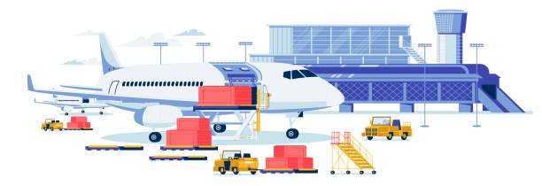 Freight Aircraft and Cargo Transportation Banner. Freight Aircrafting and Cargo Transportation Background. Airport Terminal Building with Loaders Trucks Loading Bulky Goods Containers in Airplane Cargo Hold. Flat Cartoon Vector Illustration. airport backgrounds stock illustrations