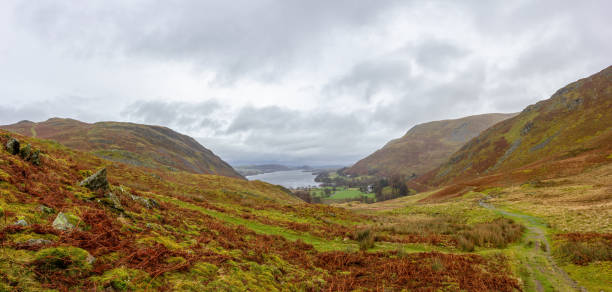 istock A panoramic scenic view of a mountain lake with mountain range and grassy slopes under a stormy grey sky and dark clouds 1203626300