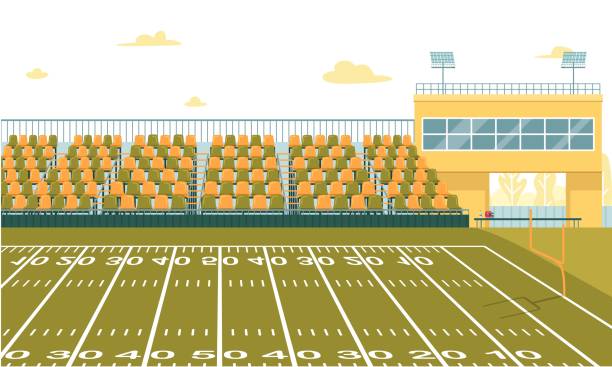 High School Football Stadium to Play and Watch Modern High School Stadium to Play Football and Watch. Varsity Teams, Home Games and Contests. Large Seating Capacity for Spectators, Schoolchildren, Fans, Parents and Community. Artificial Turf. Touchdown stock illustrations