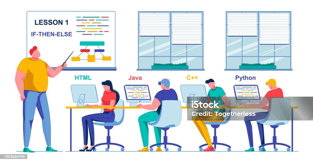 Programming Lesson In Class Vector Illustration Stock Illustration ...