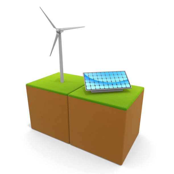 istock 3D illustration. Wind power and solar panels. Think about the natural environment. Eco system. 1203626859