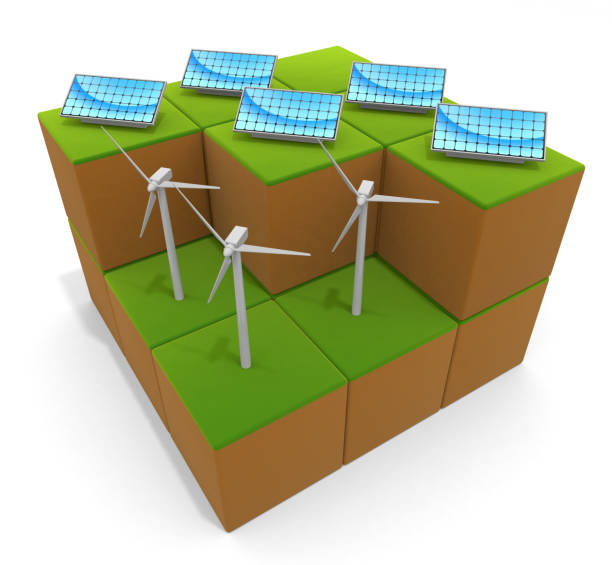istock 3D illustration. Natural energy. Solar panels and wind power. 1203626866