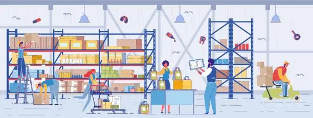 Vector illustration of Workers Collect Medicines Parcel for Online Buyer.