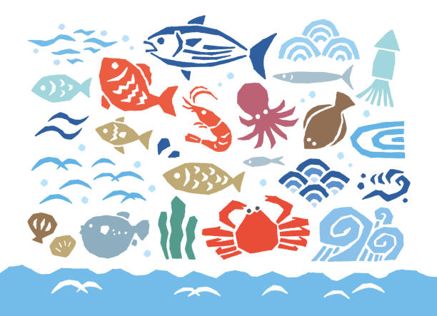 Fishes and wave Japan Fishes and wave Japan ingredient illustrations stock illustrations