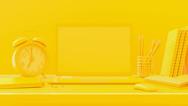 istock Minimal concept, Laptop on table Work desk yellow color. 1203632256