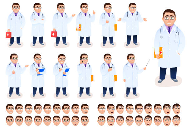 flache männliche arzt charakter design auf weißem hintergrund. medizinisches personal im labormantel mit stethoskop, erste-hilfe-kit, emotionale mimik. medizinisches konzept cartoon vektor illustration - healthcare and medicine smiling group of people lab coat stock-grafiken, -clipart, -cartoons und -symbole