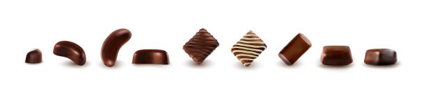 ilustrações, clipart, desenhos animados e ícones de coleção 3d vector chocolates isolada em fundo branco. conjunto de doces de chocolate realistas e doces de caixas - backgrounds candy close up collection