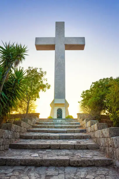 Stairs to gigantic cross made of concrete in Monastery of Filerimos on hill of Philerimus (Rhodes, Greece)