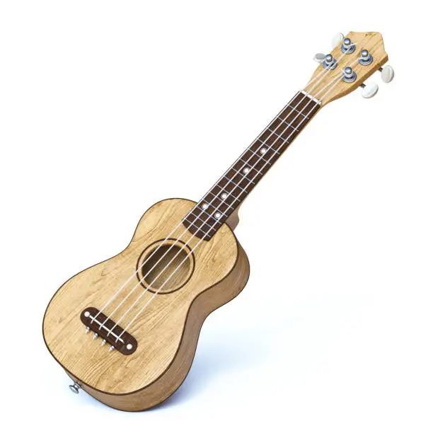 Wooden traditional soprano ukulele 3D render illustration isolated on white background