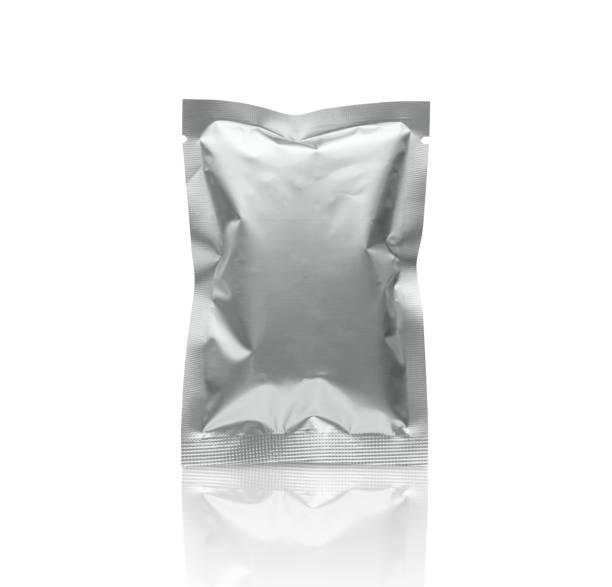 istock Blank silver metallic packaging foil sachet bag isolated on white background with clipping path 1203641267