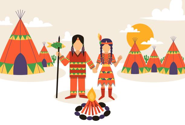 ilustrações, clipart, desenhos animados e ícones de assentamento nativo-americano, ilustração vetorial. homem e mulher em roupas tradicionais com ornamento étnico. paisagem de estilo plano da reserva indígena americana - injun