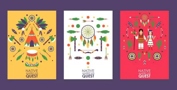 Vector illustration of Banner with symbols of Native American culture, vector illustration. Quest game invitation, party in American Indian style. Isolated icons of tent, tomahawk, feather and dream catcher