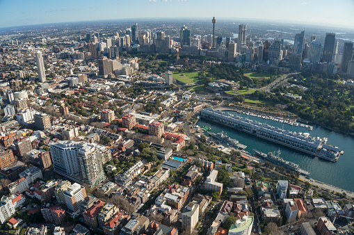 Aerial cityscape of Sydney suburbs of CBD, Woolloomooloo and Potts Point with residential and commercial property and real estate. Sydney centre aerial view